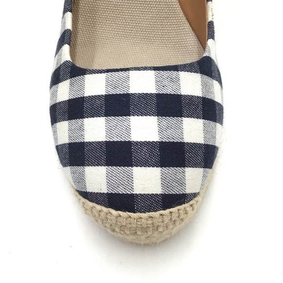 🔴SOLD🔴J. Crew Factory blue white check plaid textile espadrille wedge pumps 8 - Picture 4 of 11